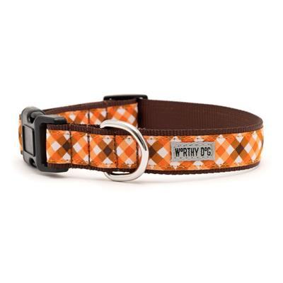 Dog collar with orange and brown checkered pattern on a white background