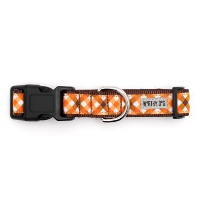Dog collar with orange and brown checkered pattern on a white background