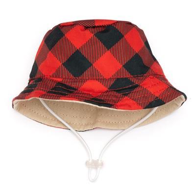 Red and black checkered bucket hat with beige interior on a white background