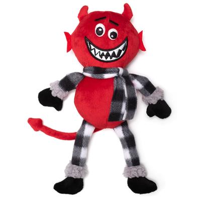 Plush devil themed toy with a red face, black and white striped body, and a tail on a white background