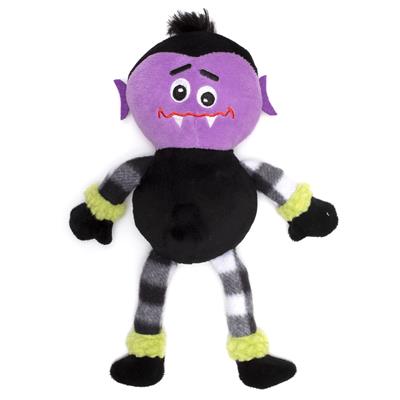 Plush toy with a purple face, black body, and yellow accents on a white background