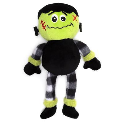 Plush toy resembling a Frankenstein character with green face, black hair, and striped black and gray body on a white background
