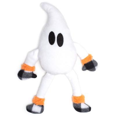 Plush ghost toy with black eyes, orange accents, and gray shoes on a white background