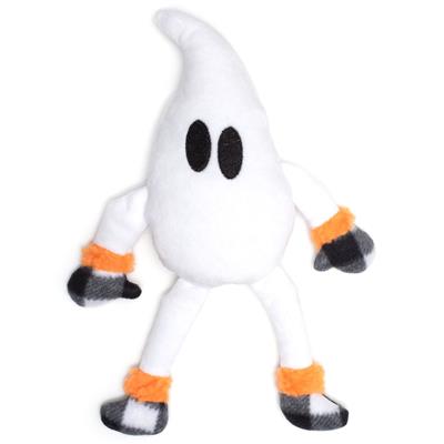 Plush ghost toy with black eyes, orange accents, and gray shoes on a white background