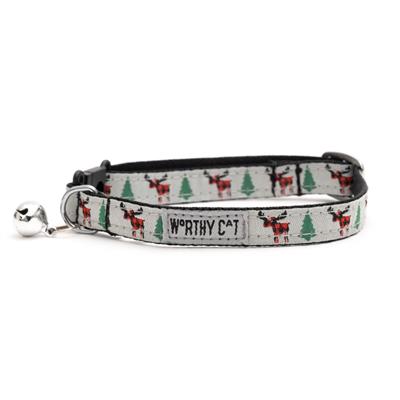 Cat collar with reindeer and Christmas tree pattern on a white background