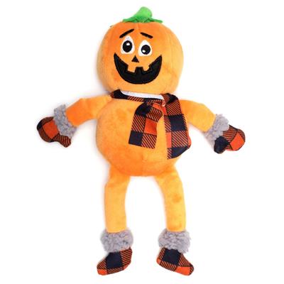 Plush pumpkin toy with a checkered scarf on a white background