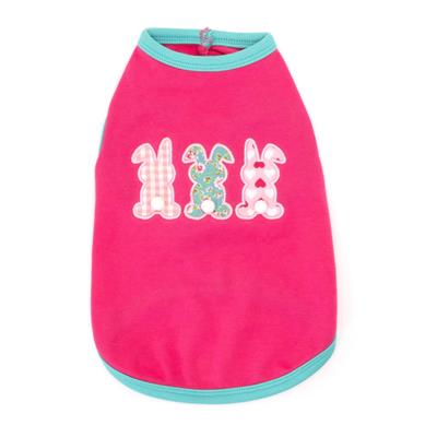 Hot pink sleeveless dog t-shirt with appliques of bunnies and green trim on white background