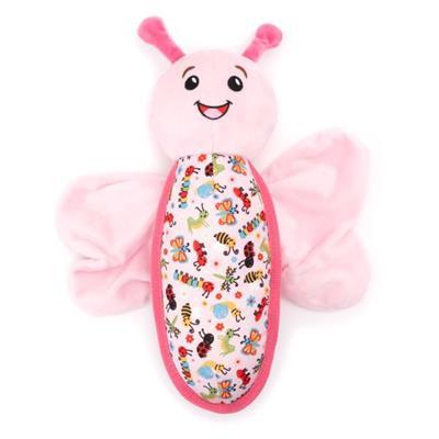 Pink caterpillar-shaped plush toy with a colorful back on a white background