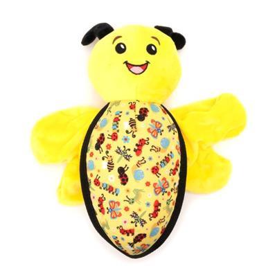 Yellow plush toy with a smiling face and ladybug pattern on a white background