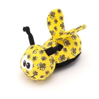 Yellow caterpillar-shaped toy with bee pattern on a white background
