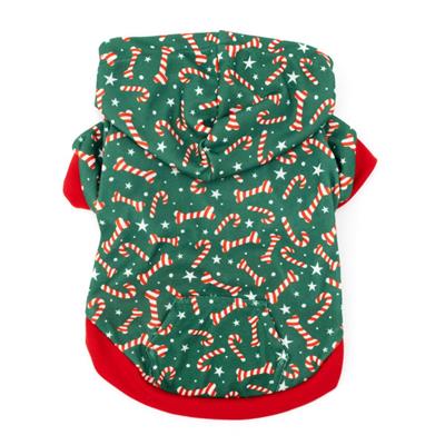 Green dog hoodie with candy cane pattern on a white background