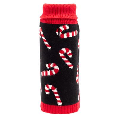 Black sweater with candy cane pattern and red trim on a white background