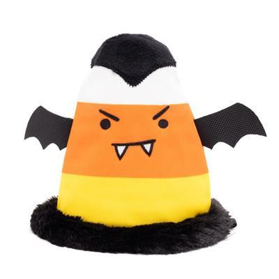 Halloween-themed plush toy resembling a candy corn with bat wings and an angry face on a white background.