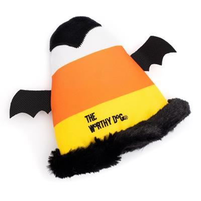 Halloween-themed candy corn-shaped dog toy with black wings on a white background