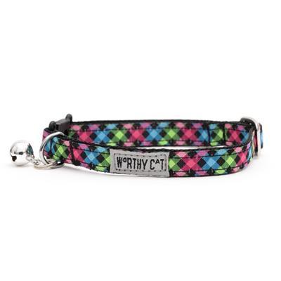 Colorful patterned cat collar with a bell on a white background