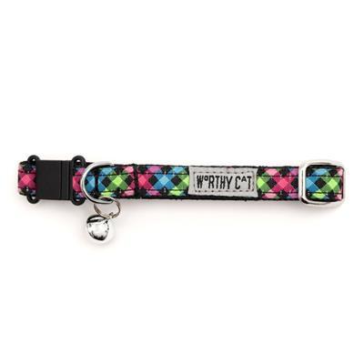 Colorful patterned cat collar with a brand tag on a white background