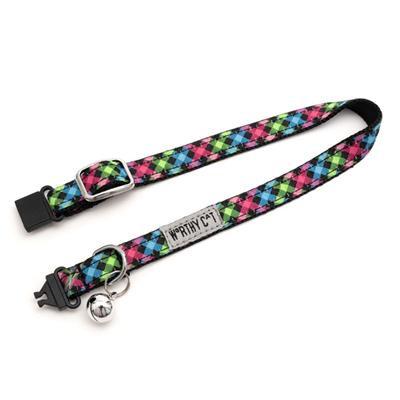 Colorful patterned pet collar with bell and clip on a white background