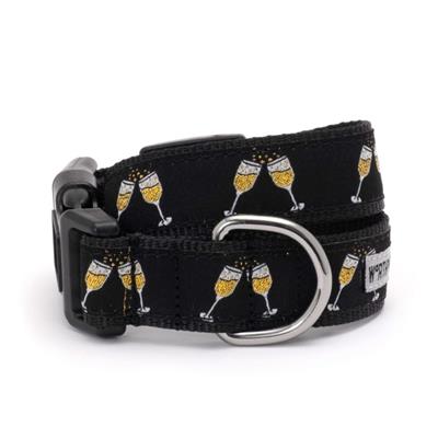 Black dog collar with champagne glass pattern on a white background