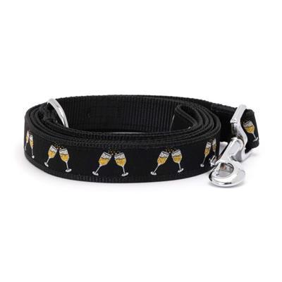 Black dog leash with champagne glass pattern on a white background