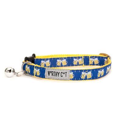 Cat collar with blue and yellow beer mug pattern on a white background