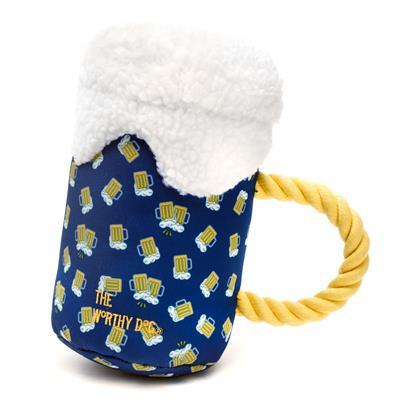 Dog toy shaped like a blue mug with beer pattern and white sherpa on a white background