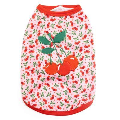 Pink sleeveless dog t-shirt with cherry applique and cherry patterned fabric with red trim on white background