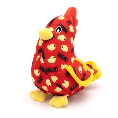 Red dog toy shaped like a chicken featuring yellow patterned chicks on white background