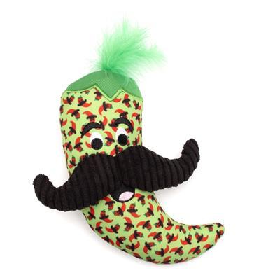 Toy resembling a green pepper with a black mustache on a white background