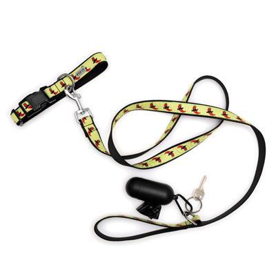 Dog collar and leash set with chili pepper pattern on a white background
