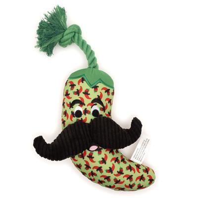 Green pepper shaped dog toy with mustache and green rope on white background
