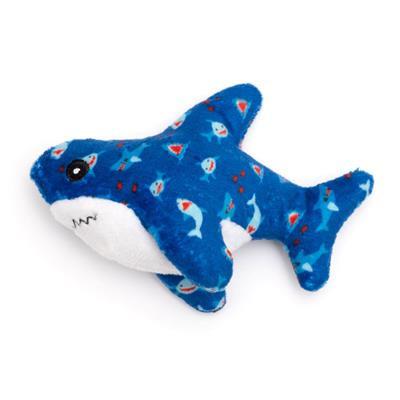 Blue shark-shaped plush toy with fish pattern on a white background