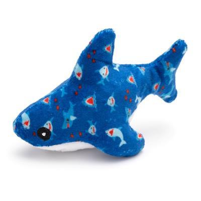 Blue shark-shaped toy with fish pattern on a white background
