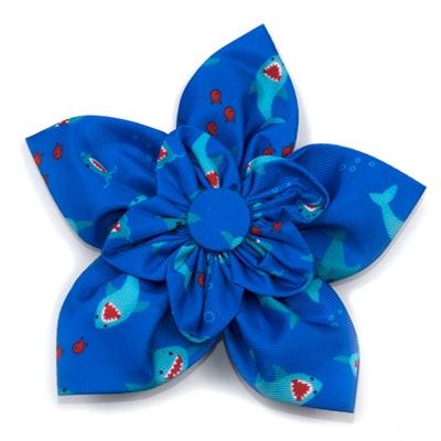 Blue flower-shaped collar bow with shark pattern on a white background