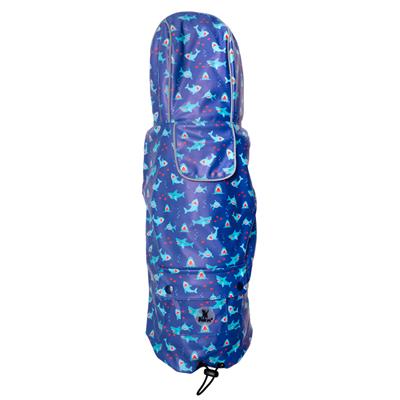 Blue pet raincoat with shark pattern on a white background