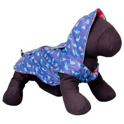 Dog toy with a blue raincoat featuring shark prints on a white background
