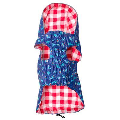 Dog raincoat with red and white checkered hood and blue base featuring sharks on a white background.