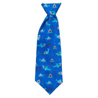 Blue tie with shark pattern on a white background