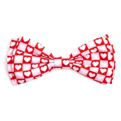 Red and white checkered bow tie with heart pattern on a white background
