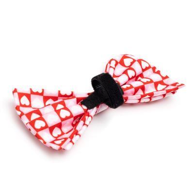 Red and white checkered bow tie with a black strap on a white background