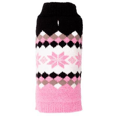 Dog sweater with black, pink, and white pattern on a white background
