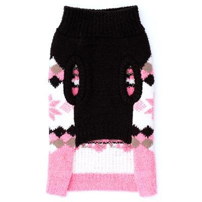 Black and pink knitted pet sweater with lace details on a white background