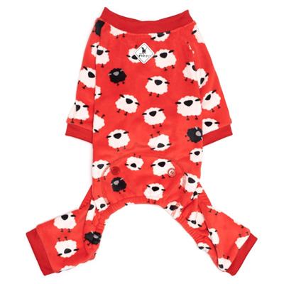 Red pajama set with black and white sheep pattern on a white background