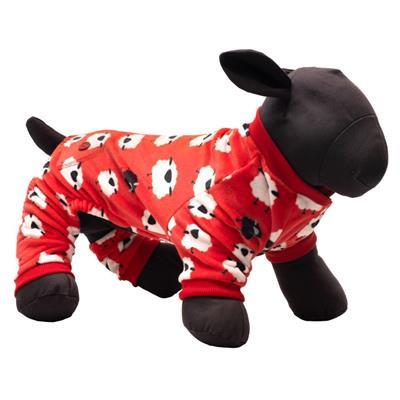 Dog toy dressed in a red outfit with black and white sheep patterns on a white background