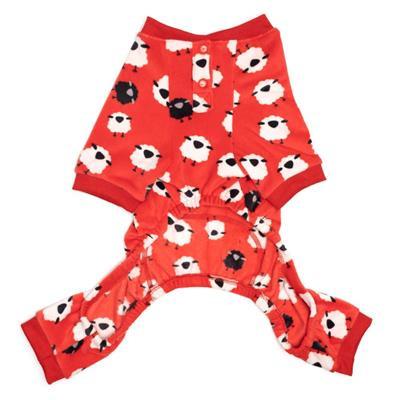 Red dog pajamas with black and white sheep pattern on a white background