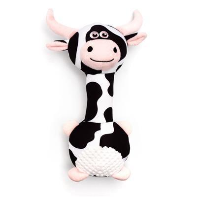 Plush cow toy with black and white pattern on a white background