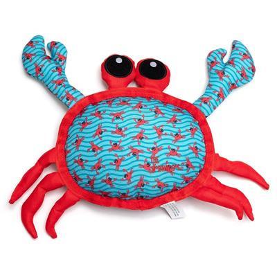 Plush crab toy with red and blue pattern on a white background