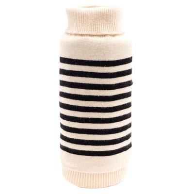 Striped dog sweater with cream and black stripes on a white background