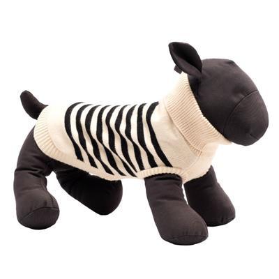 Plush toy sheep wearing a zebra-striped sweater on a white background