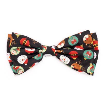 Christmas-themed bow tie with reindeer, Santa Claus, and snowmen on a black background.