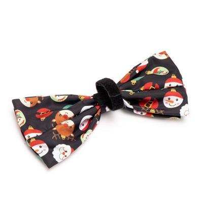 Bow tie with Christmas-themed pattern on a white background